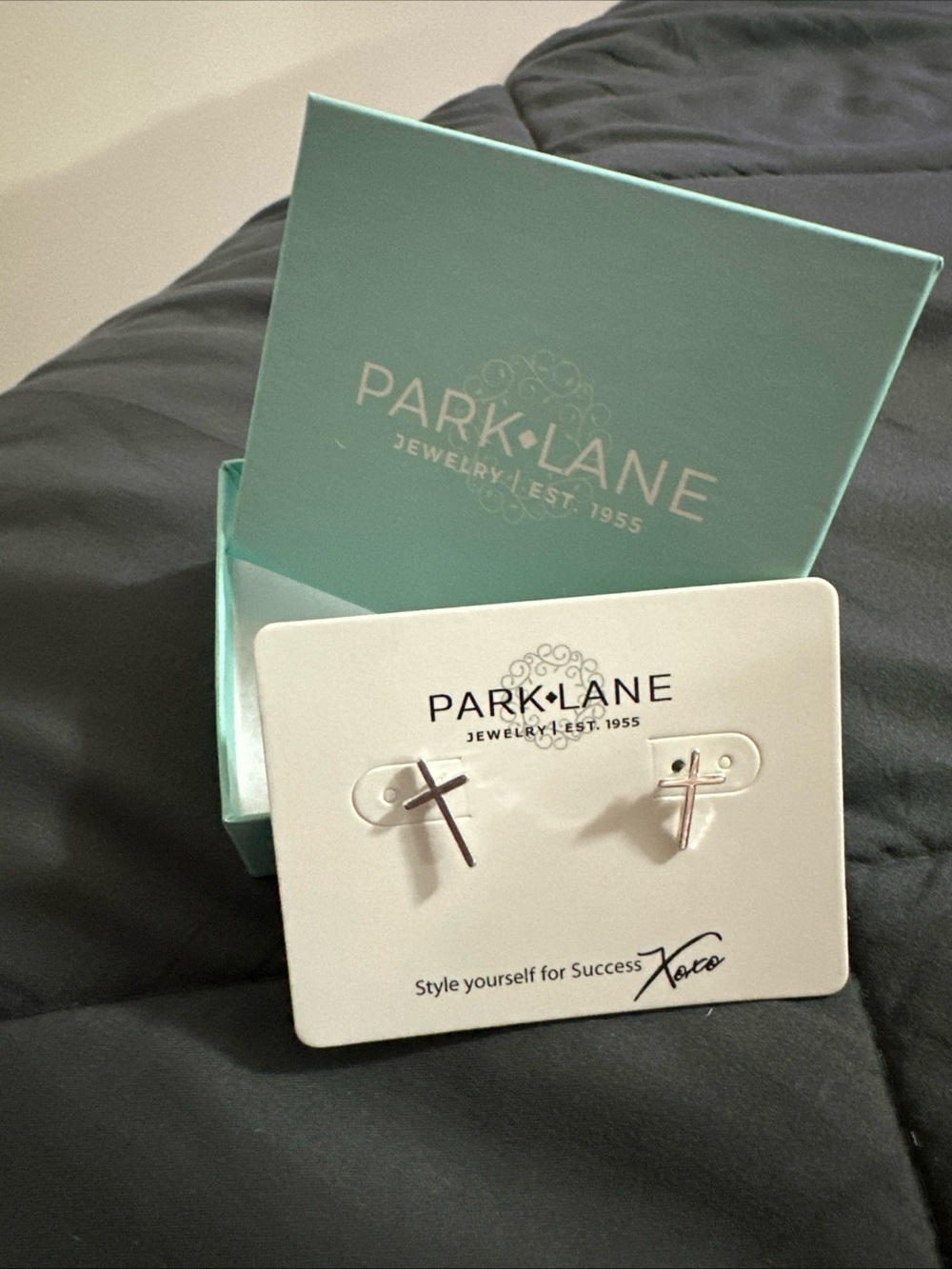 Park Lane Silver Cross Stud Earrings with Teal Gift Box